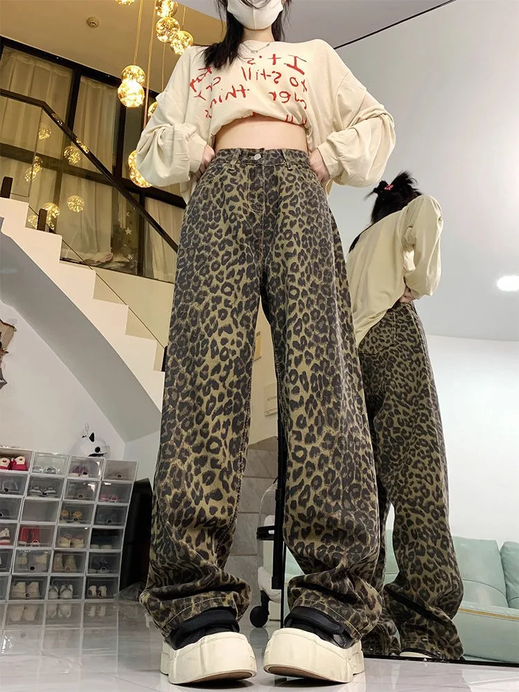 

2024 Summer Leopard Jeans Women Denim Pants Female Oversize Wide Leg Trousers Streetwear Hip Hop Vintage Clothes Loose Casual