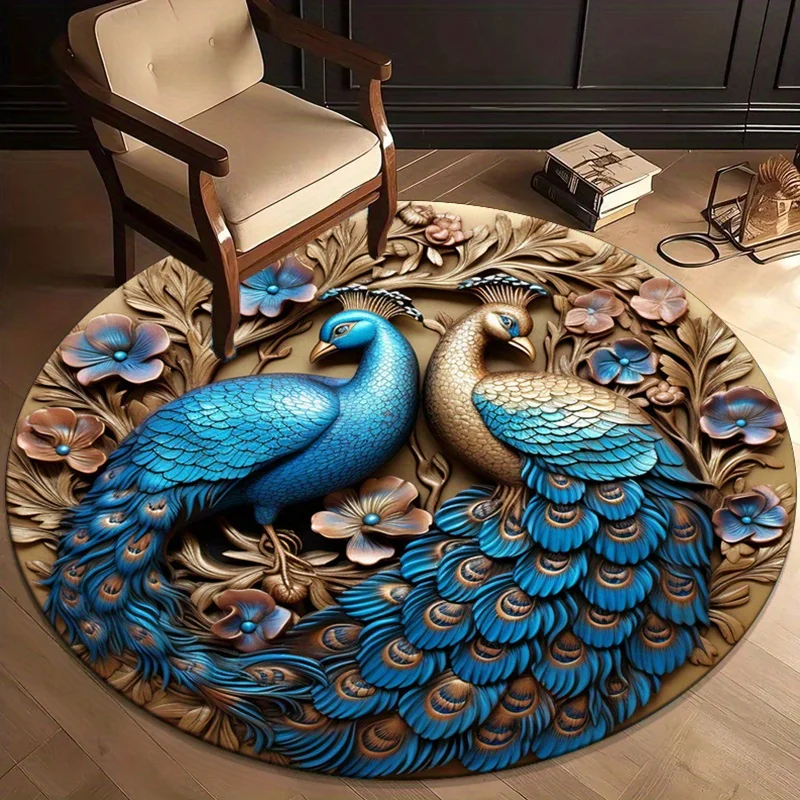 

Peacock Art Round Rug Blue Gold Floral Design Bohemian Style Living Room Floor Mat Decorative Animal Print Area Rugv