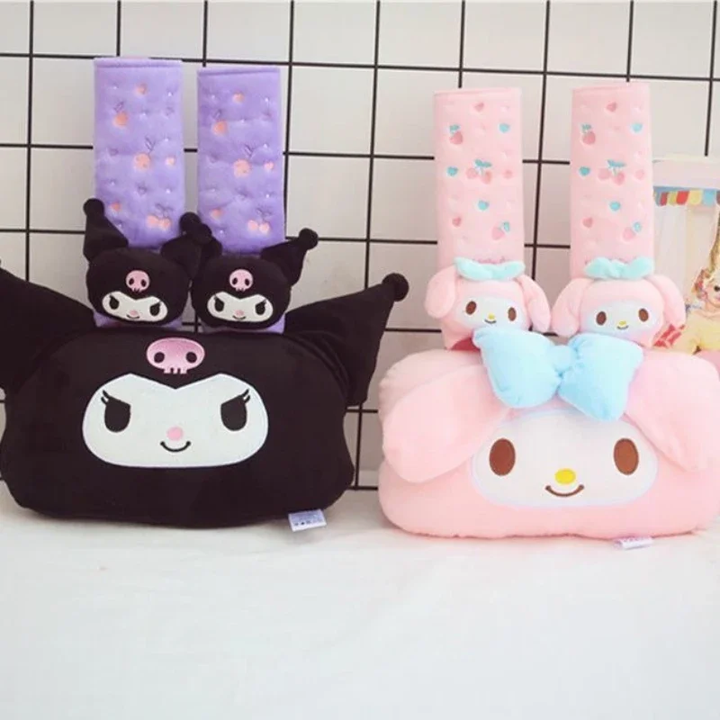 

My Melody Kuromi Cartoon Cotton Car Pillow with Embroidered Safety Belt Cover down Alternative Soft Car Headrest