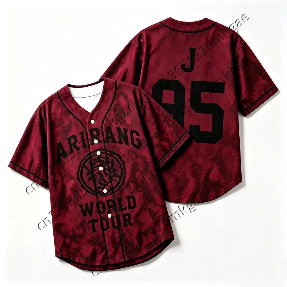 Kpop Arirang World Tour 95 Baseball-Trikot für Herren und Damen, Burgunderrot, Batik-Optik, Knopfleiste, Kurzarm, Locker Geschnitten, Konzert-Fanartikel, Kinder-Freizeitoberteil – Detail 6
