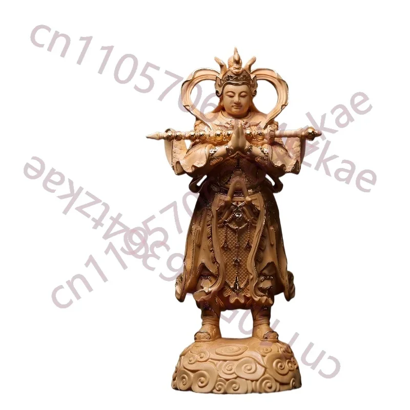 Hand-Carved Hinoki Wood Skanda & Veda Statue - 11.8