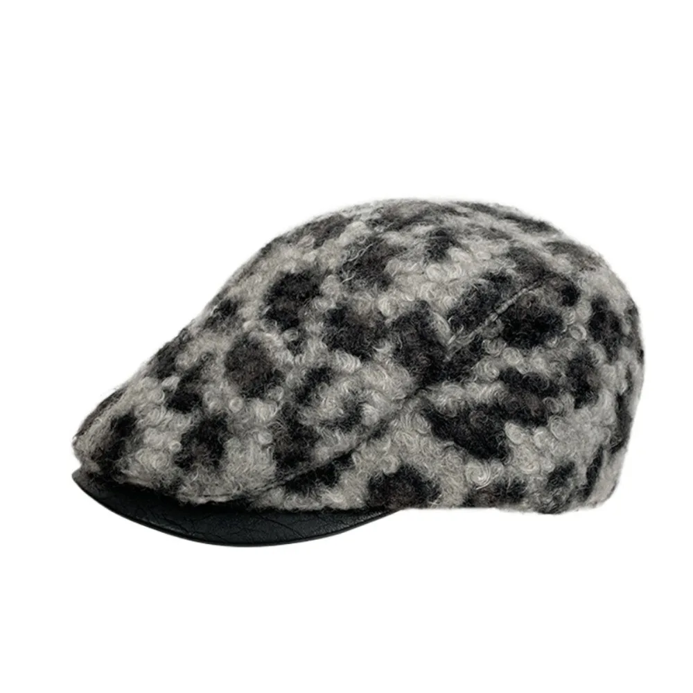 

Retro Adjustable Lamb Wool Berets Hat Keep Warm Pu Leather Brim Leopard Print Berets Street Y2k Women Newsboy Caps Girl