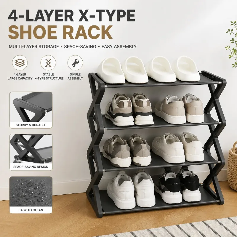 1 Pcs 4-Layer X-Type Shoe Rack Space Saving Shoe Organizer Shelf Sturdy Cabinet Stand Holder for Entryway Corridor Easy Assembly