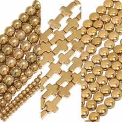 AAA+ Natural Real Gold Plated Hematite Beads Round Cross Flat Circle Shape Spacer Loose Beads for Jewelry Making DIY Bracelet