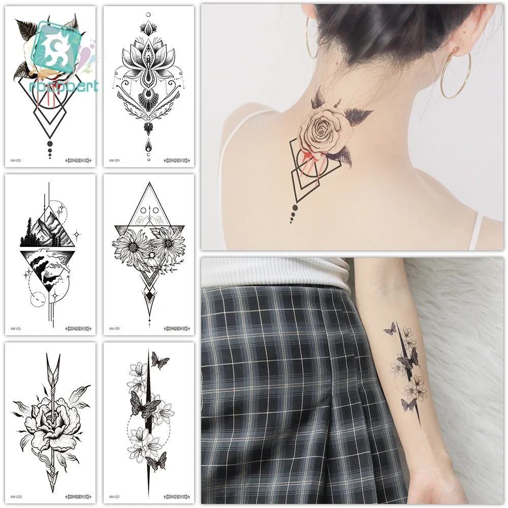 Henna Lotus Temporary Tattoo For Women Fake Jewelry Chains Black Flower Body Art Abstract Tatoo Sticker Transfer Girl Tattoo