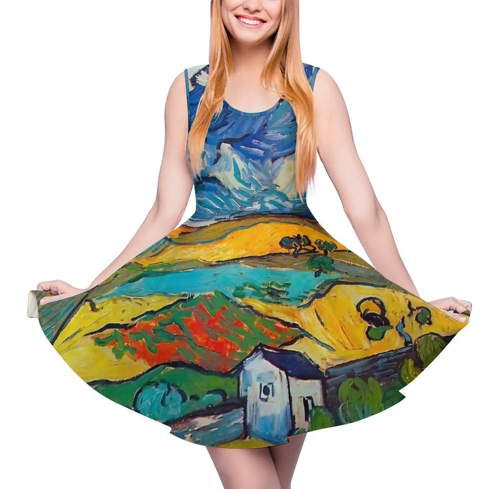 Van Gogh Dress Mountain Landscape Elegant Dresses High Waist Aesthetic Custom Skate Dress Female Oversized Clothes