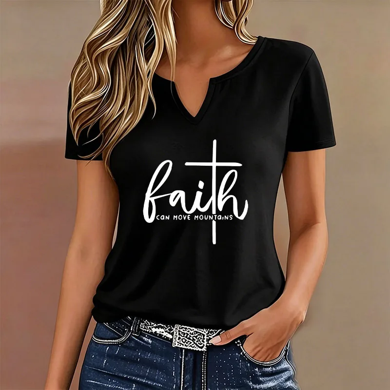 T-shirt col en V décontracté à la mode avec impression de lettres 'Faith Can Move Mountains' pour femme, manches courtes, été printemps