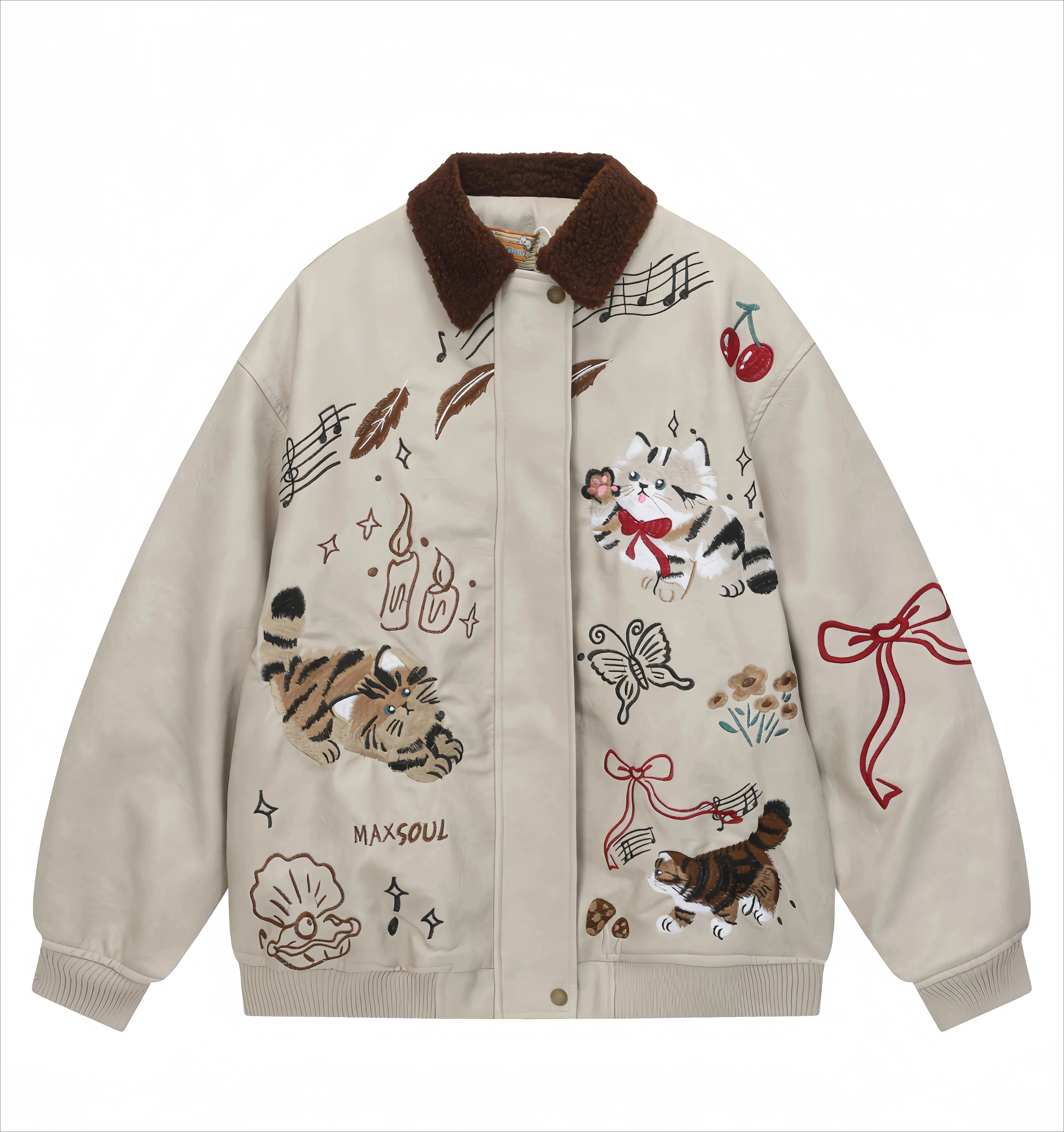 Autumn Winter New Men's Vintage Cute Cat Embroidery Coffee PU Leather Jacket Loose Casual Fleece Lined Thickened Apricot Coat