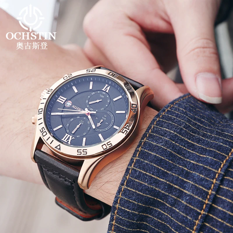 OCHSTIN Men Genuine Leather Strap Multi-function Quartz Wristwatch Man Waterproof Mineral Hardened Glass Luxury Casual Clock