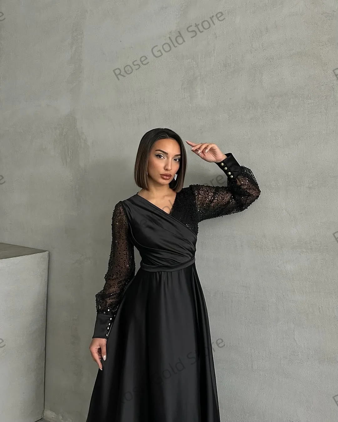 Clássico preto vestido de noite personalizado uma linha com decote em v mancha vestido de baile para festa elegante manga cheia miçangas vestido de gala