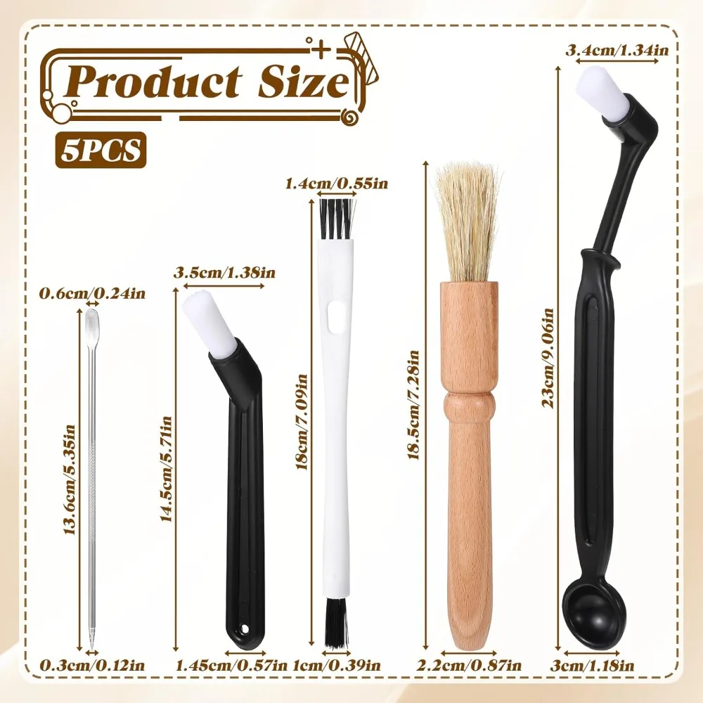 5 Pcs Coffee Grinder Cleaning Brush - Wooden Handle Natural Bristles for Espresso Machine Group Head, Barista Home Kitchen Tool