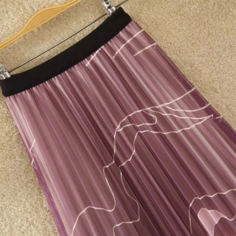Sumemr New Fashion Elastic Waist A-line Skirt Women High Street Loose Elegant Pleated Printing Lace Patchwork Female Clothing
