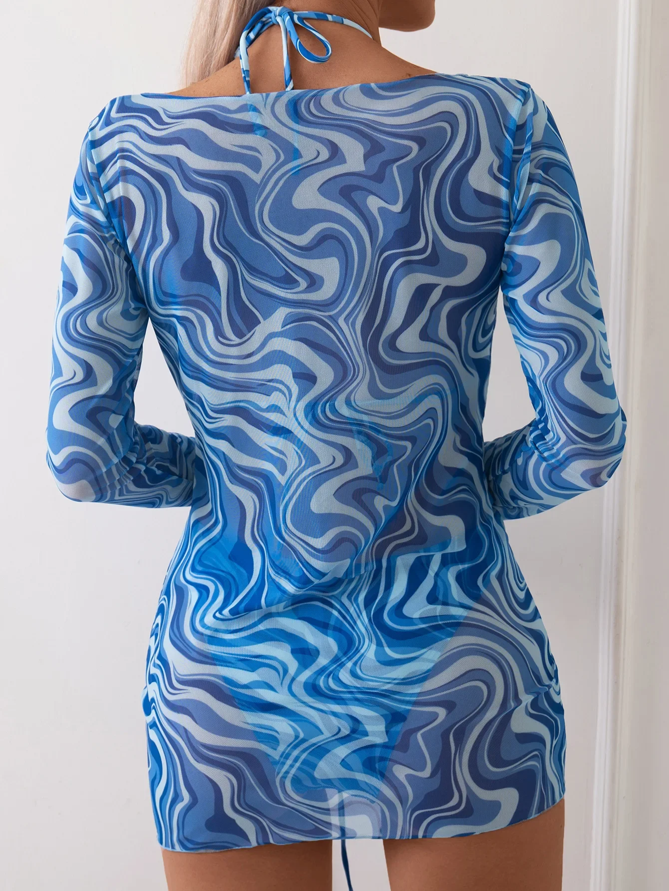 Sommer-Träger-Bikini-Set für Damen, blau, bunt, gestreift, Bikini mit Strand-Vertuschung und Minirock, figurbetontes Kleid Ropa