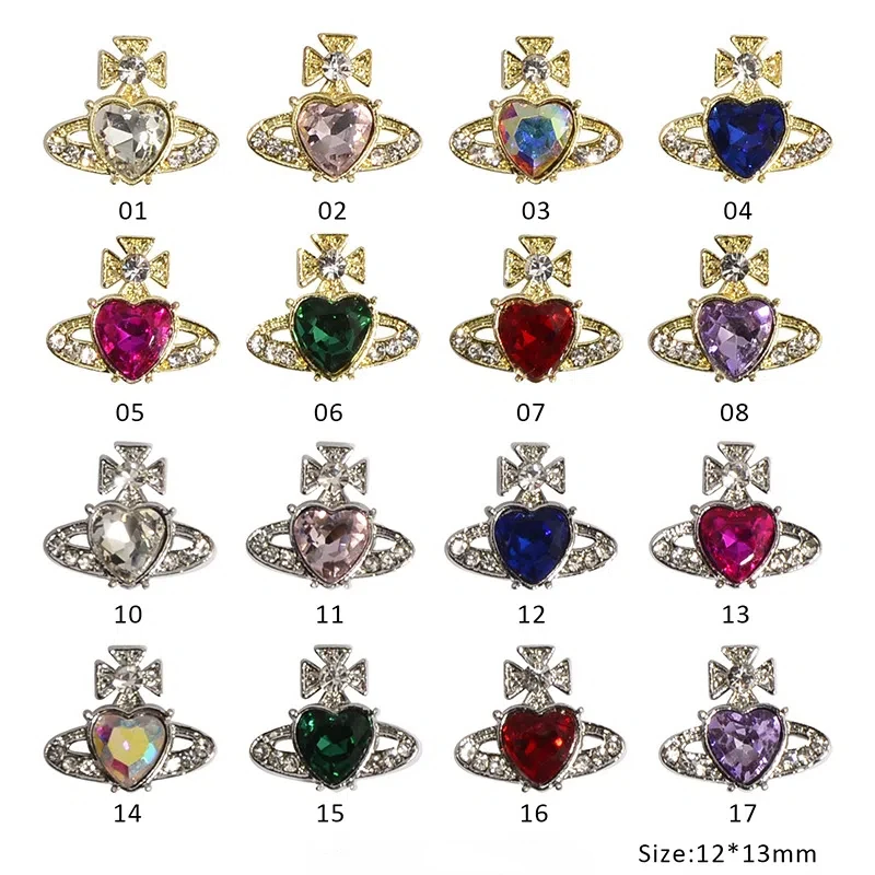 Vintage-Stil, luxuriöser Zirkon, asymmetrische Herz-Nageldekorationen, 3D-Nagelanhänger in Saturnform, trendiges Nagelzubehör