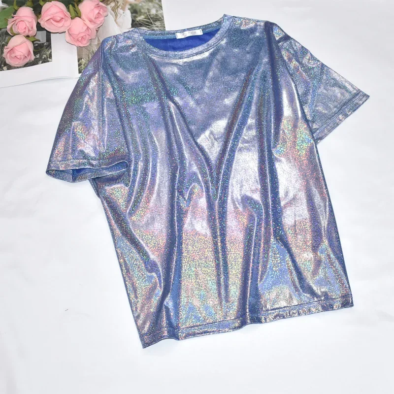 Womens Sparkly Shiny Metallic Holographic Round Neck Short Sleeve Casual Loose Top Festival Party Tee Shirt Female Clothes