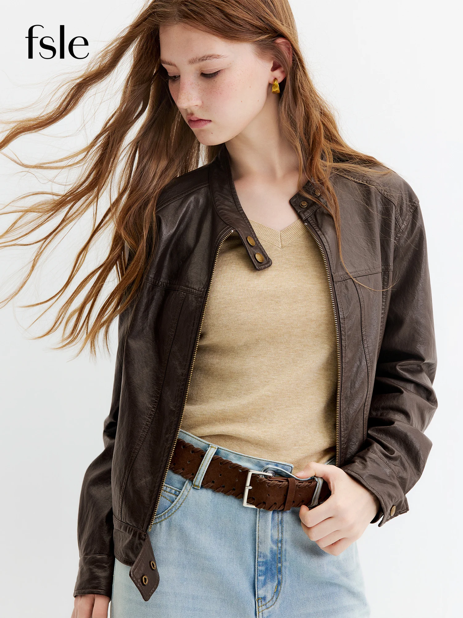 FSLE 2026 Autumn New Arrival Retro Style Coffee Brown Stand Collar Biker Leather Jacket Slim Fit Short Coat Cotton Contain