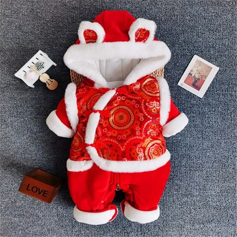 Baby New Year Dress New Year Dress Red Cute Baby Winter Clothes Plus Fleece Thickened Newborn Hooded Body Suit Baby Fun Dress