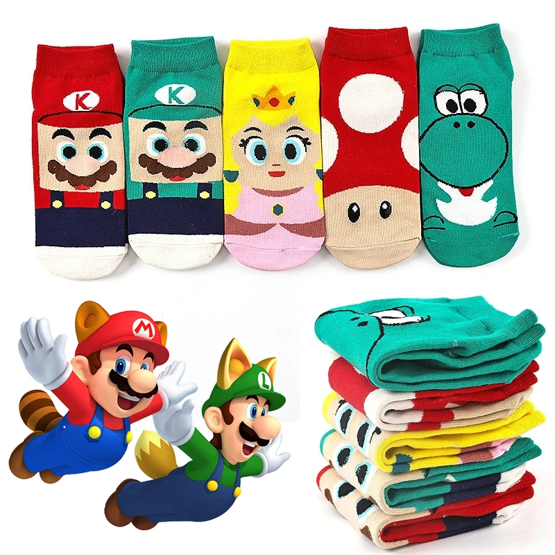 Anime Game Super Bros Mario Merch Socks for Adult Mario Luigi Princess Peach 5pcs Cartoon Short Socks Christmas Birthday Gifts