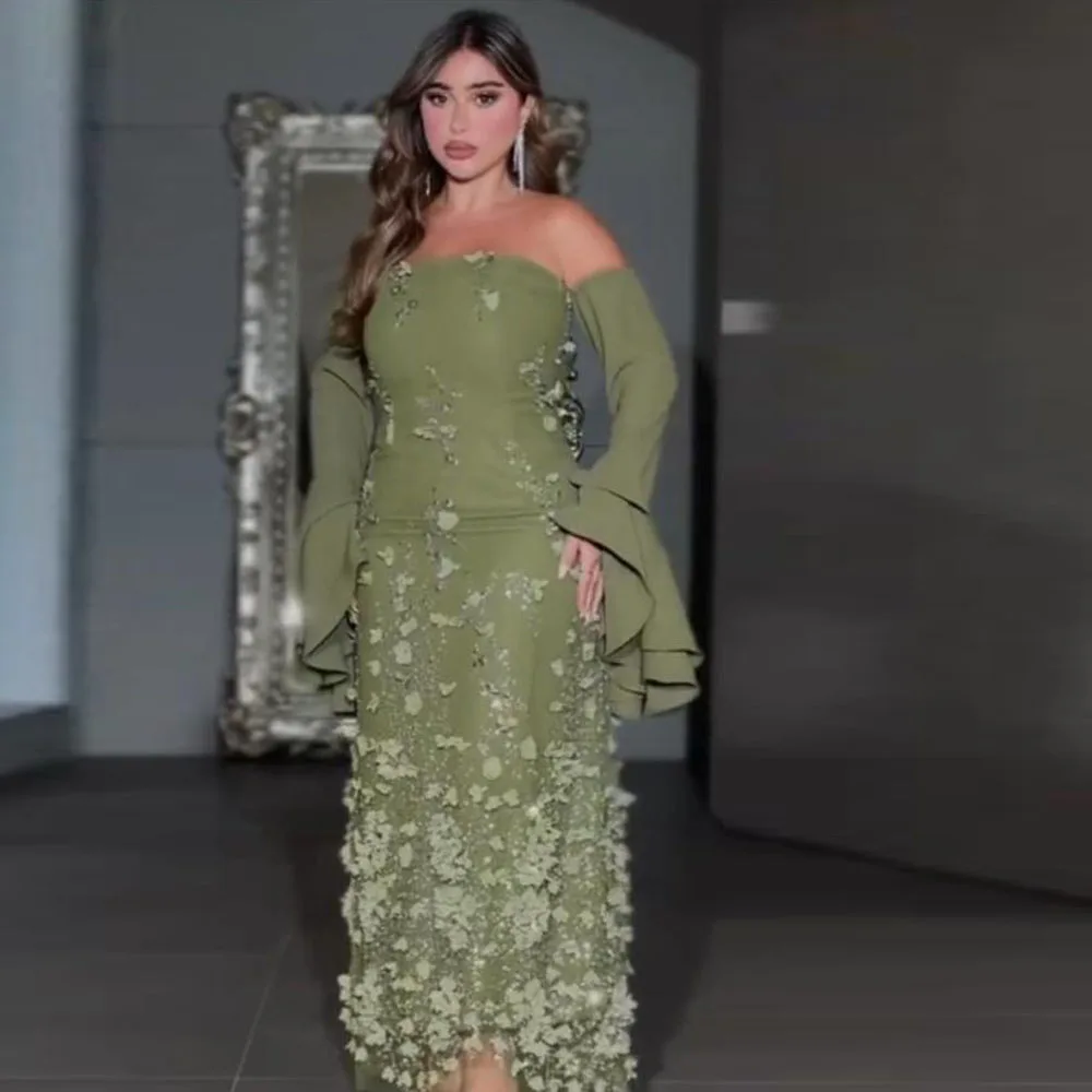 

Оливково-зеленые платья для выпускного вечера по индивидуальному заказу с расклешенными рукавами и открытыми плечами, вечернее платье с цветочным принтом, платья русалки с цветочным принтом