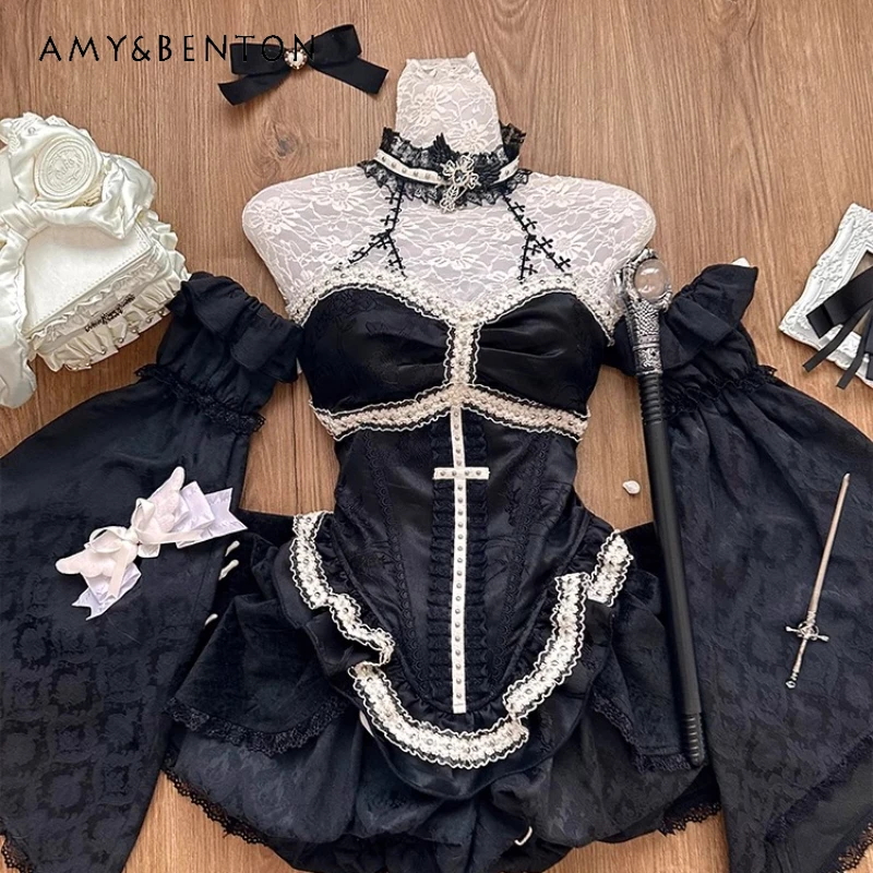 

Original Gothic Print Lace Splicing Women's Tube Top New Waist Bow Bud Lolita Shorts Black Horn Sleeve Three-piece Suit Ladies