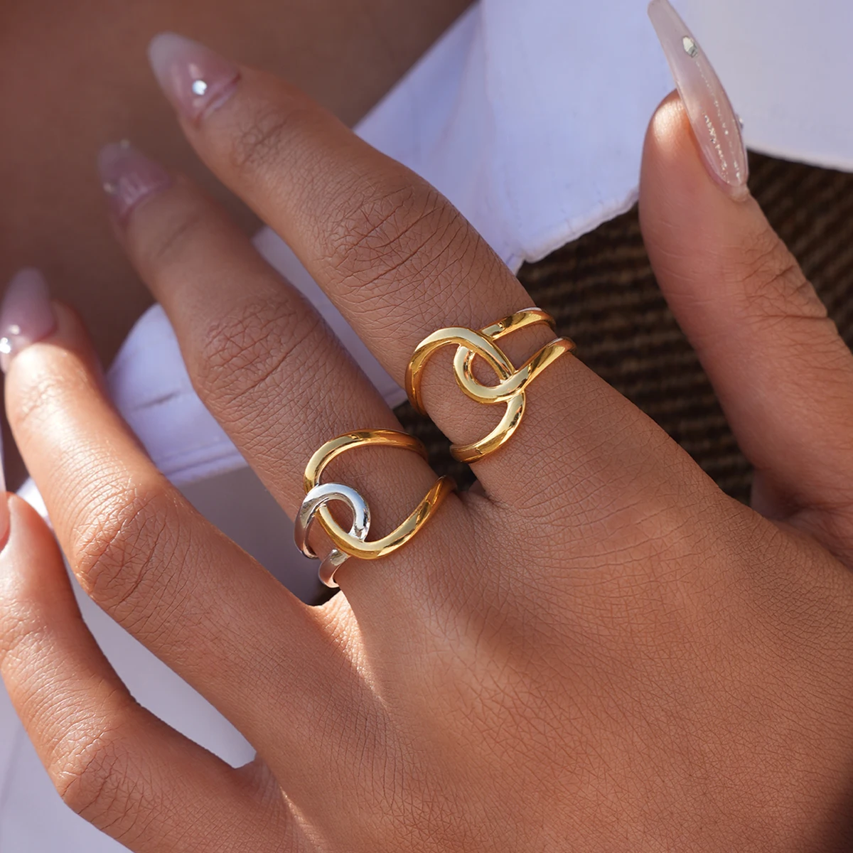 Minimalist Linear Two Tone Rings Stainless Steel 18K Gold Plated Hollow Irregular Stackable Ring Women's Accessories Party Gift