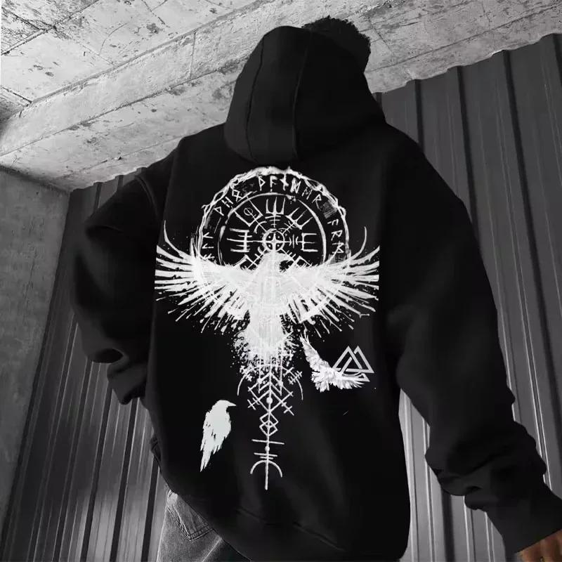 2026 Totem Viking Eagle Print Y2K Men Long-sleeve Hooded Sweatshirt Autumn Winter Daily Outdoor Casual Street Fashion Sportswear