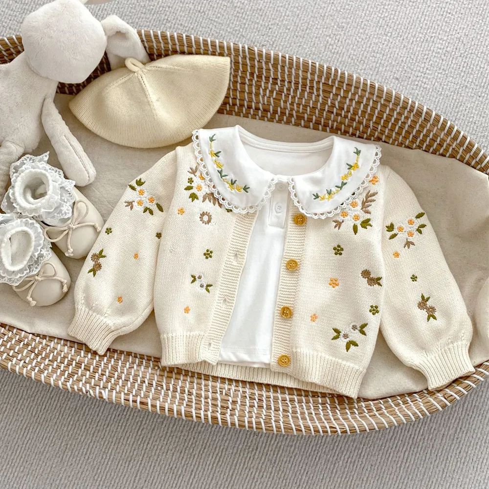 

spring baby girl clothes kids tops cotton soft outerwear Flower embroidery knitted cardigan Solid color girls' coat