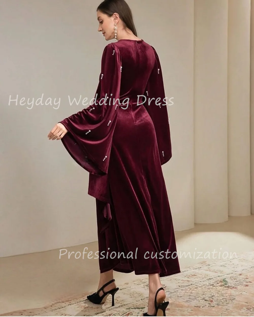 فستان Heyday robes de soirée مخصص برقبة دائرية مطرز بالخرز موضة قطيفة على شكل حرف a وأكمام طويلة فساتين سهرة للمناسبات الخاصة