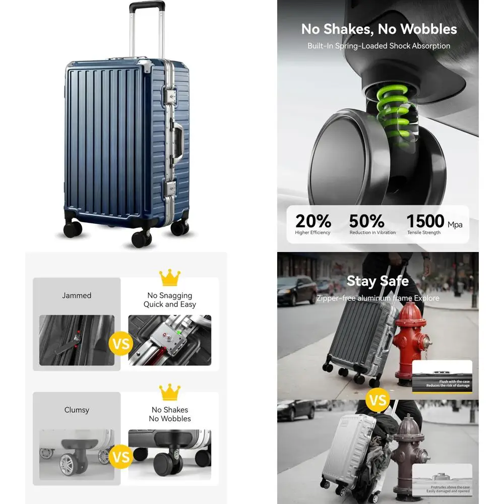 

24-дюймовый спиннерный чемодан с алюминиевой рамой, твердый чемодан из поликарбоната без молнии, синий, незаменимая для путешествий