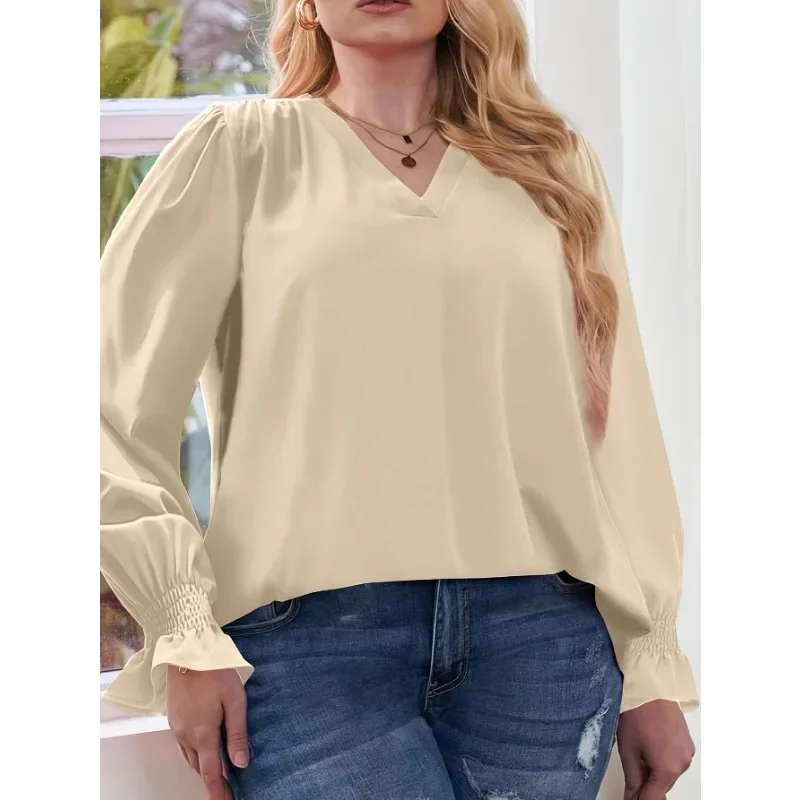 

Plus Size Women Solid Blouses Summer V-neck Chiffon Long Sleeve Shirt Casual Streetwear Office Lady Tops