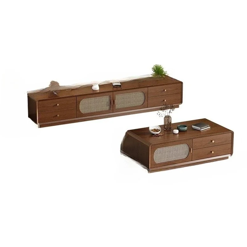 

2025 new retro rattan coffee table TV cabinet combination home living room wall locker multi-functional locker