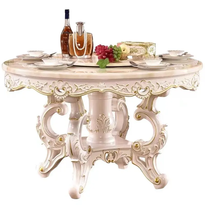 

European Dining Table Dining Chair Combination, American Marble with Turntable Solid Wood Carving Flower Round Dining Table