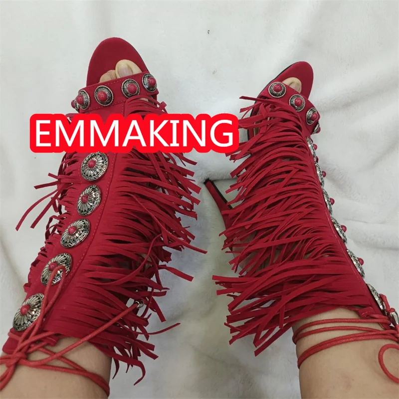 Fringe Red European Retro Buttons Suede Fashion Lace Up Summer Sandals Women 2025 New Runway Stiletto Tassels Ladies Shoes Heels