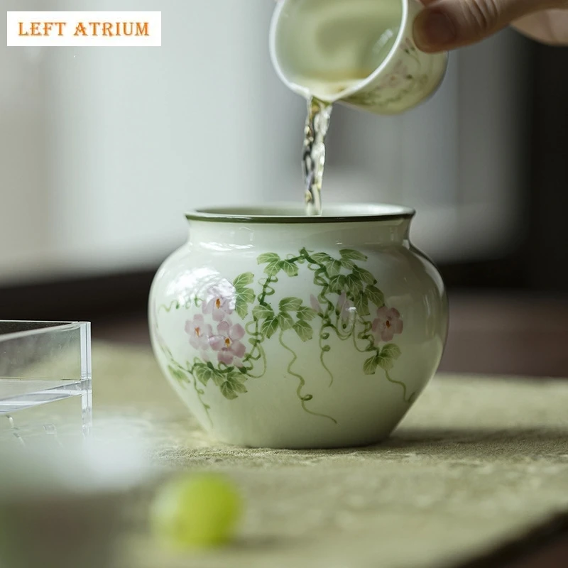 

Hand Painted Morning Glory Chinese Tea Wash Tea Basin Set Porcelain Light Green Wash Tea Ceremony Utensils Jianshui