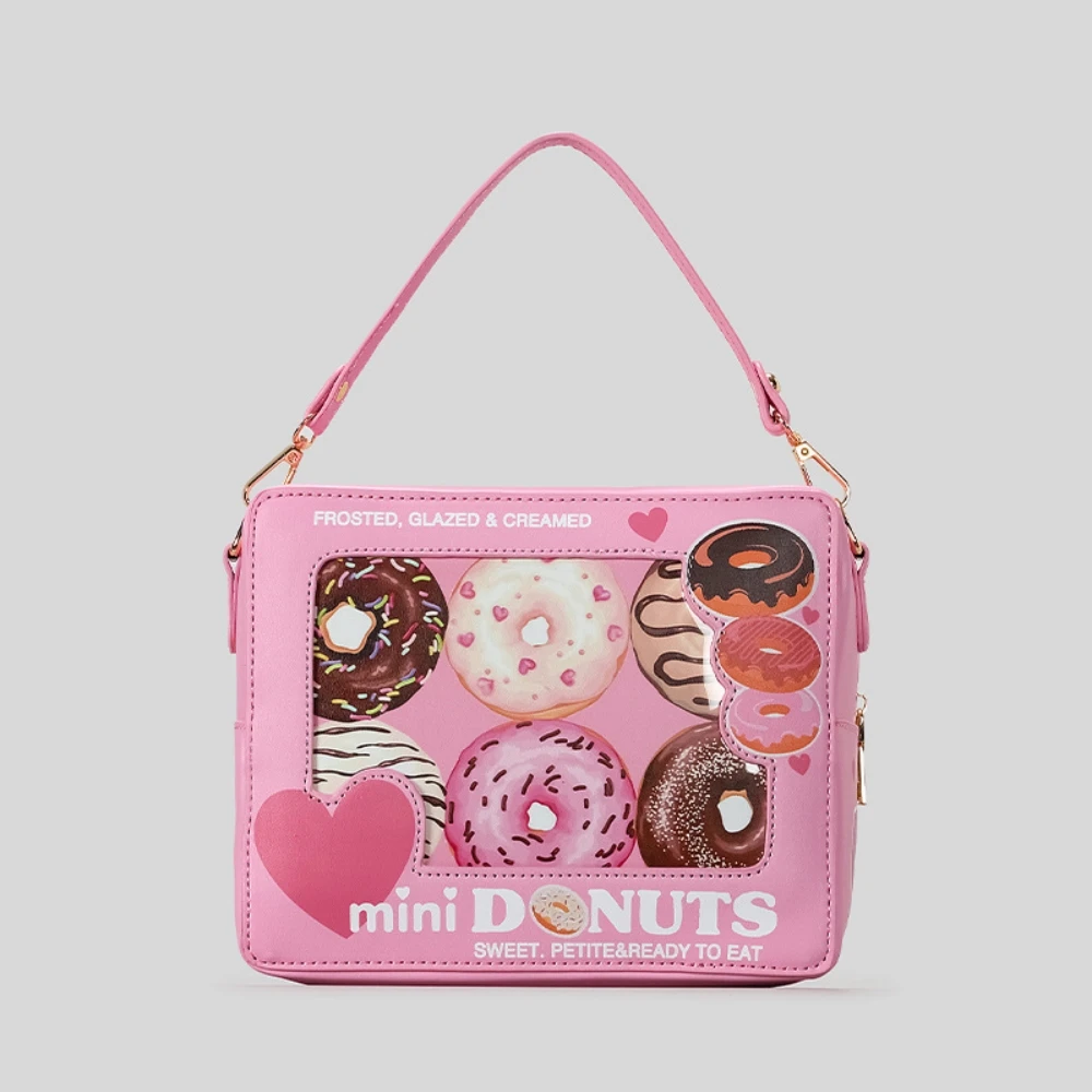 

Adult Girls Cute Square Pink Donut PU Handbag Women's Creative Cartoon Heart Print Shoulder Bag Large Capacity Crossbody Bag