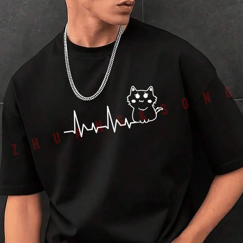 

Cat Baby Heartbeat Print T-shirt Male Brand Tee Shirt Men Summer T Shirts Casual High Quelity O-neck Tees