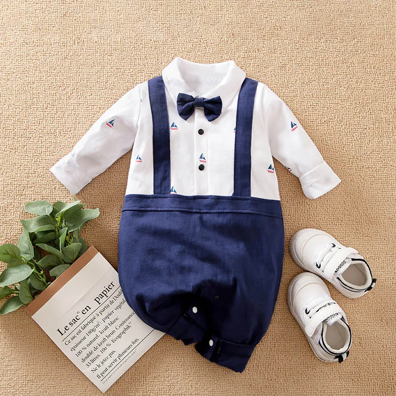 Baby Jumpsuit Handsome Shoulder Strap Gentlemanly Cotton Comfortable And Soft Spring And Autumn Long Sleeved 0-18mNewbornClothes