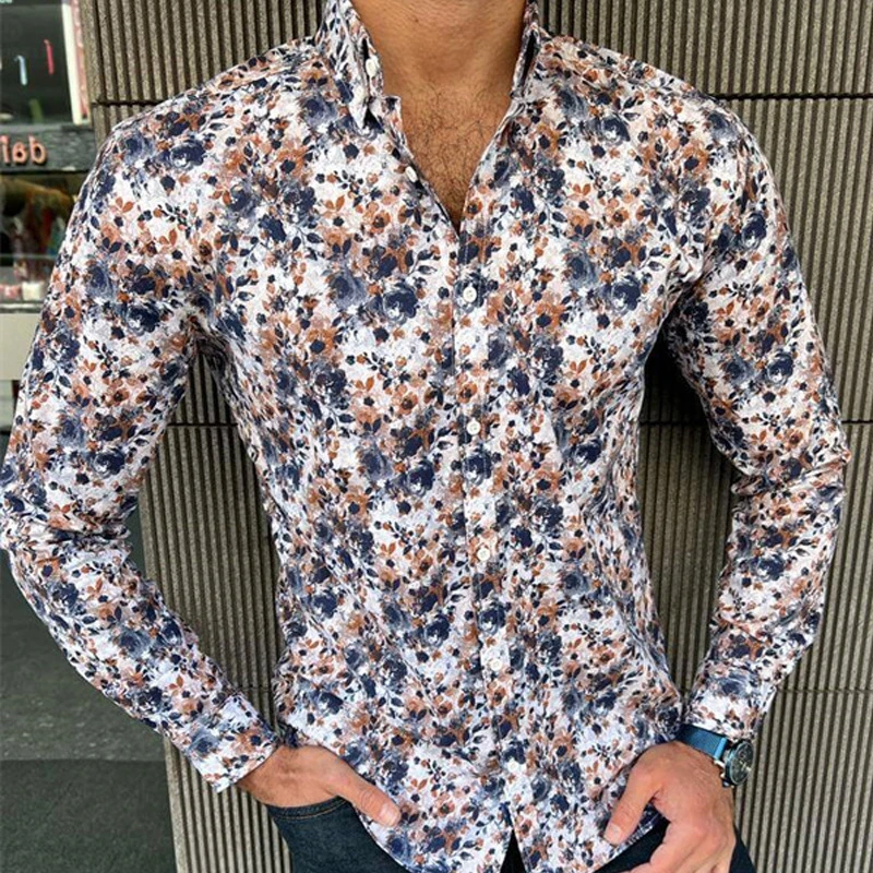 Vintage Shirt For Men 3d Flower Print Long Sleeve Male Shirts Lapel Button Female Clothing Casual Fashion Tops Oversized Tshirt