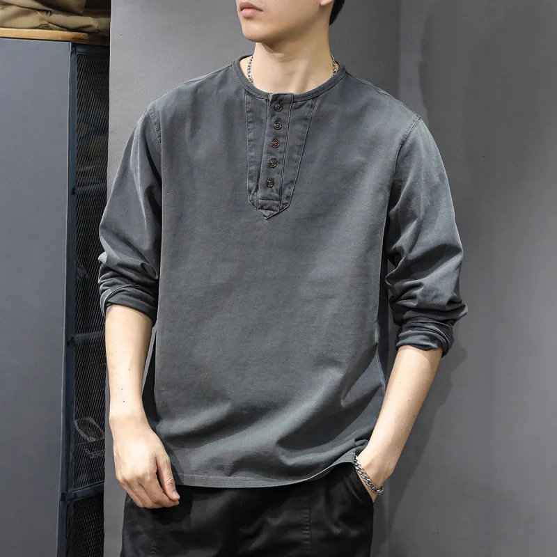 

New Casual Men'S Cotton Long Sleeve-Shirt Loose Thin Spring Autumn Trendy Henley Collar Base Shirt Sweatshirt