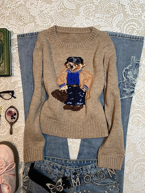 

Оригинальный круглый свитер с коричневым медведем, женский осенне-зимний винтажный ретро-дизайн, уникальный топ в Корейском стиле, свободный крой из смеси хлопка
