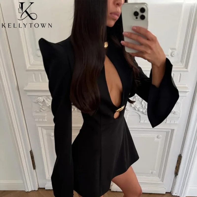

Gold Button Black Dress Women Long Sleeve Mini Dress 2026 Autumn Winter Outfit Streetwear Elegant Hollow Out Bodycon Dress Sexy