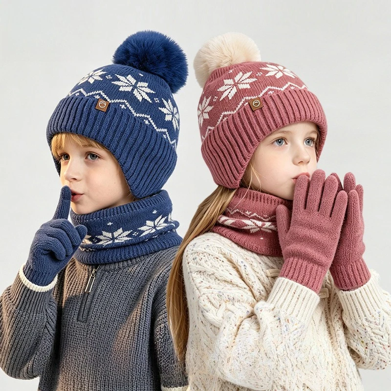3Pcs Kids Winter Knitted Hat Scarf Gloves Set Pom Pom Earflap Beanie Warm Neckerchief for Boys Girls Outdoor Windproof Hat