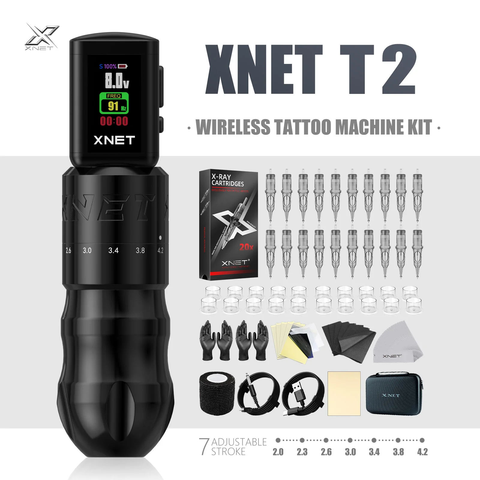 

XNET T2 Роторная ручка для татуировки с беспроводным источником питания RCA 7 Регулируемый ход 20 шт. Картриджи Машина для макияжа для татуировки
