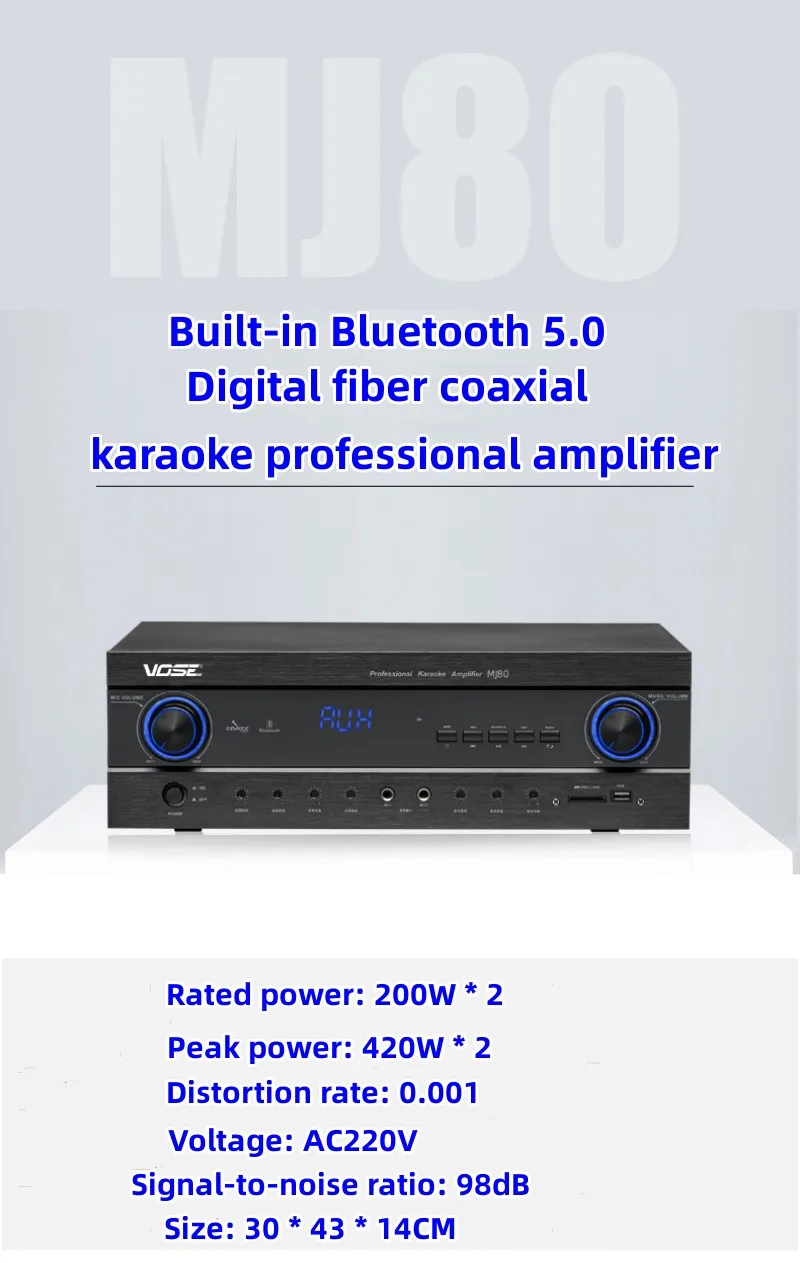 MJ-80 Bluetooth 5.0 420W*2 2.0 Channel Stereo HIFI AV Stage Home KARAOKE KTV Audio Amplifier With USB Fiber Coaxial Microphone