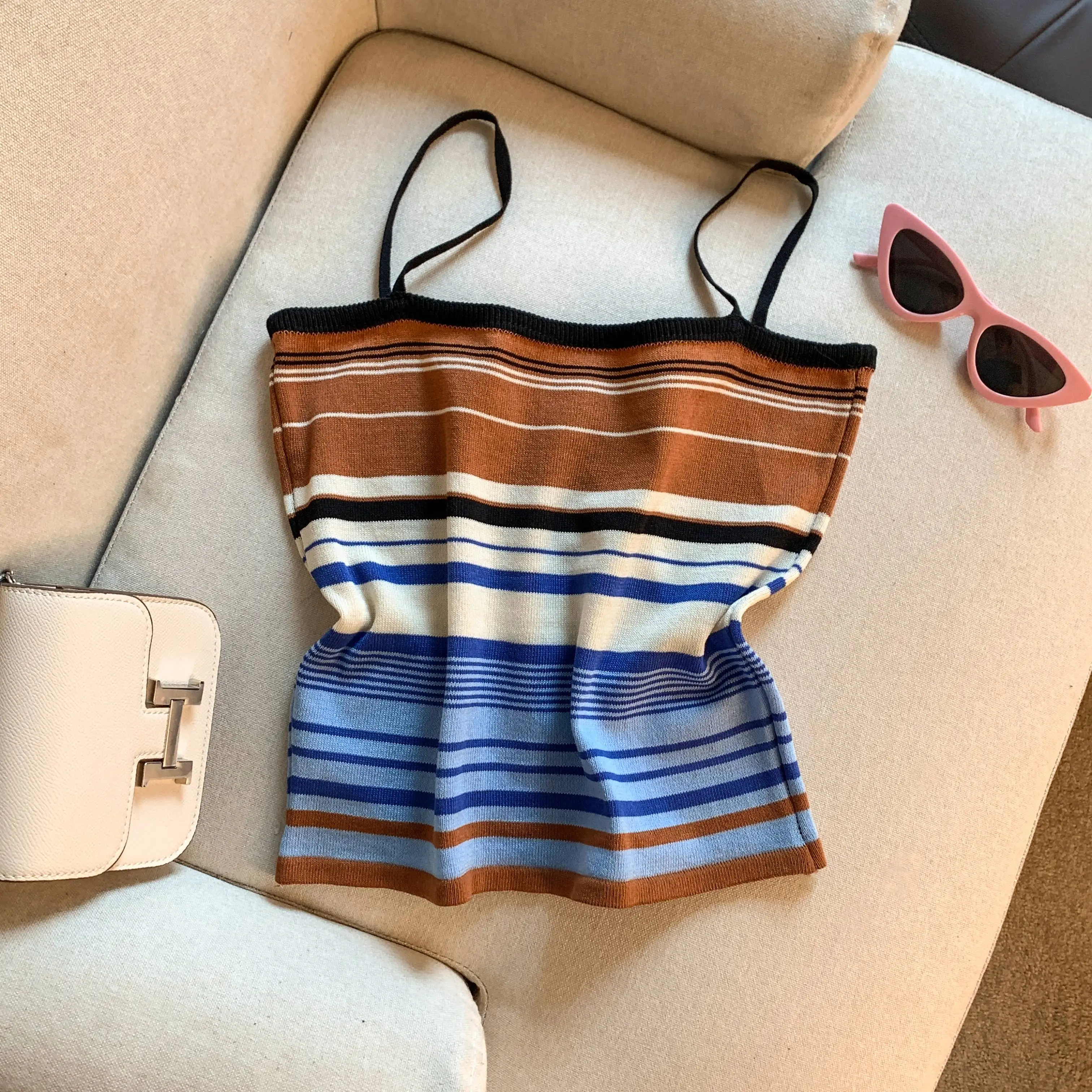 مرونة قوس قزح طباعة الضلع متماسكة Colorblock تانك القمم كاميس محبوك عادية أكمام طاقم الرقبة الأعلى الملابس النسائية المحاصيل الأعلى