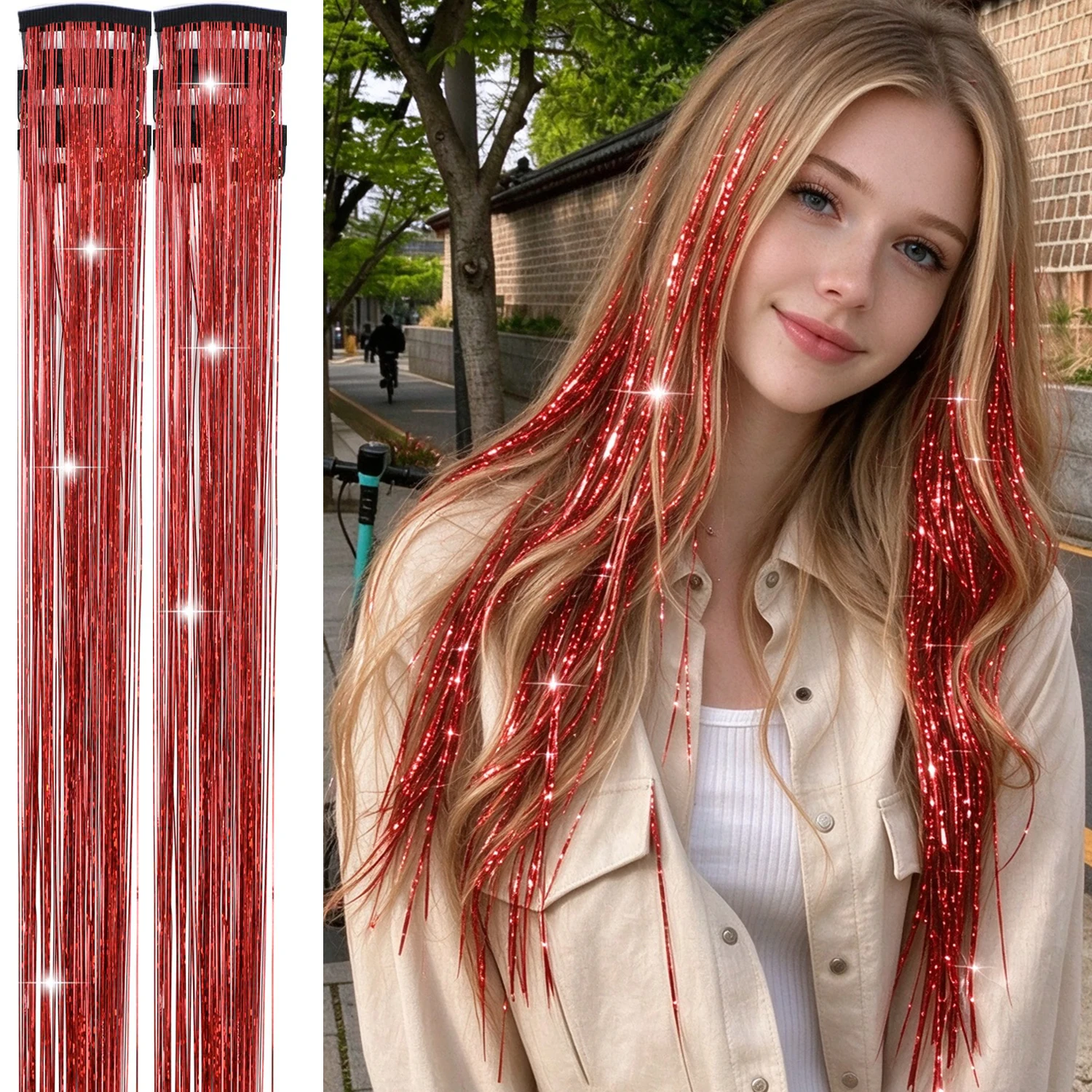 Hair Tinsel Pack of 6 Pcs Colorful Glitter Hair Accessories 24 Inch Clip in Hair Tinsel Extensions Fairy Hair Synthetic