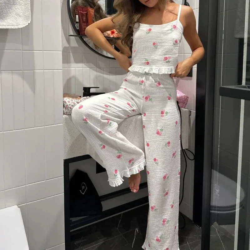 

Summer Cherry Print Strap Vest Pants Women's Spwear Casual Home Set Home Clothes Comfortable Breathable No Sve round Ne