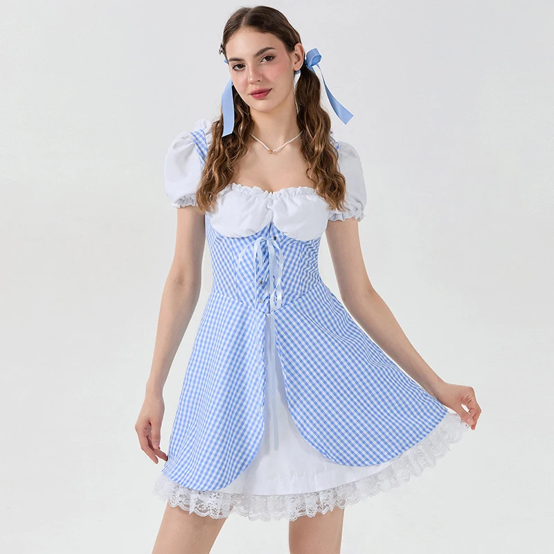 Women Dorothy Costume Blue Gingham and White Dress Fairy Tales Character Cosplay for Adult Halloween Party