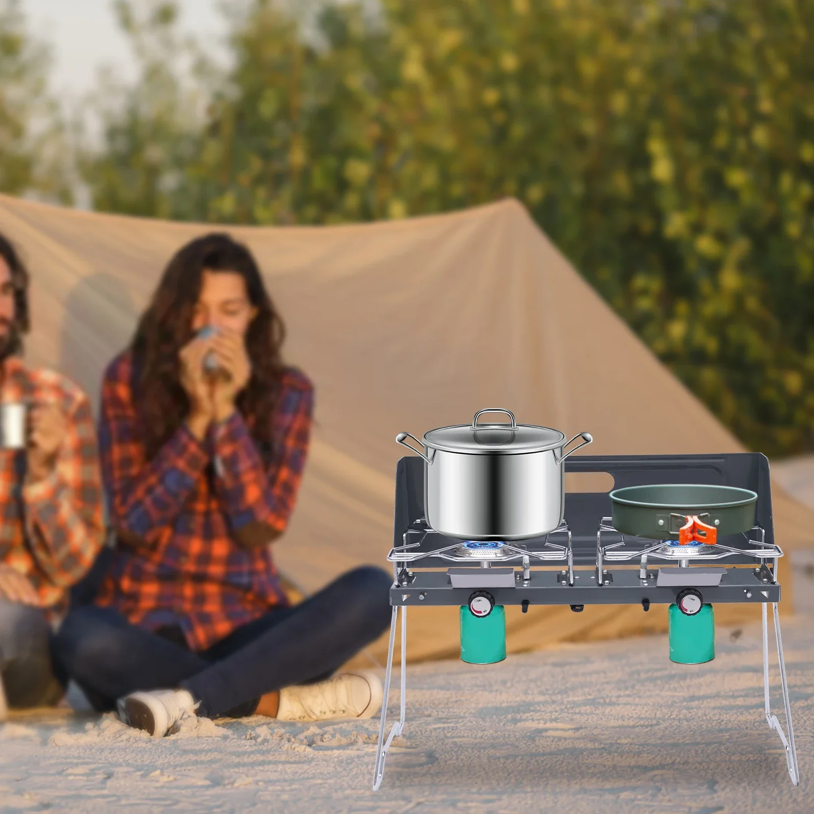 

New 2 Burners Portable Butane Gas Cooking Stove With Regulator Camping Outdoor Cooking Stainless Steel Drip Tray Foldable Legs