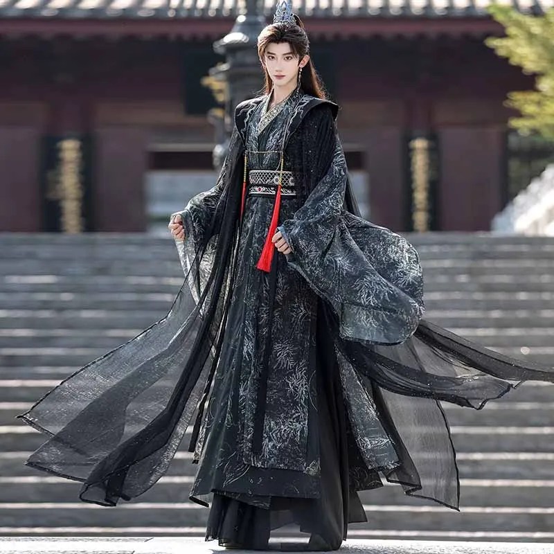 Men's black embroidered Xianxia Hanfu robe, Chinese ancient style dark swordsman outfit Halloween King of Lanlin cosplay costume